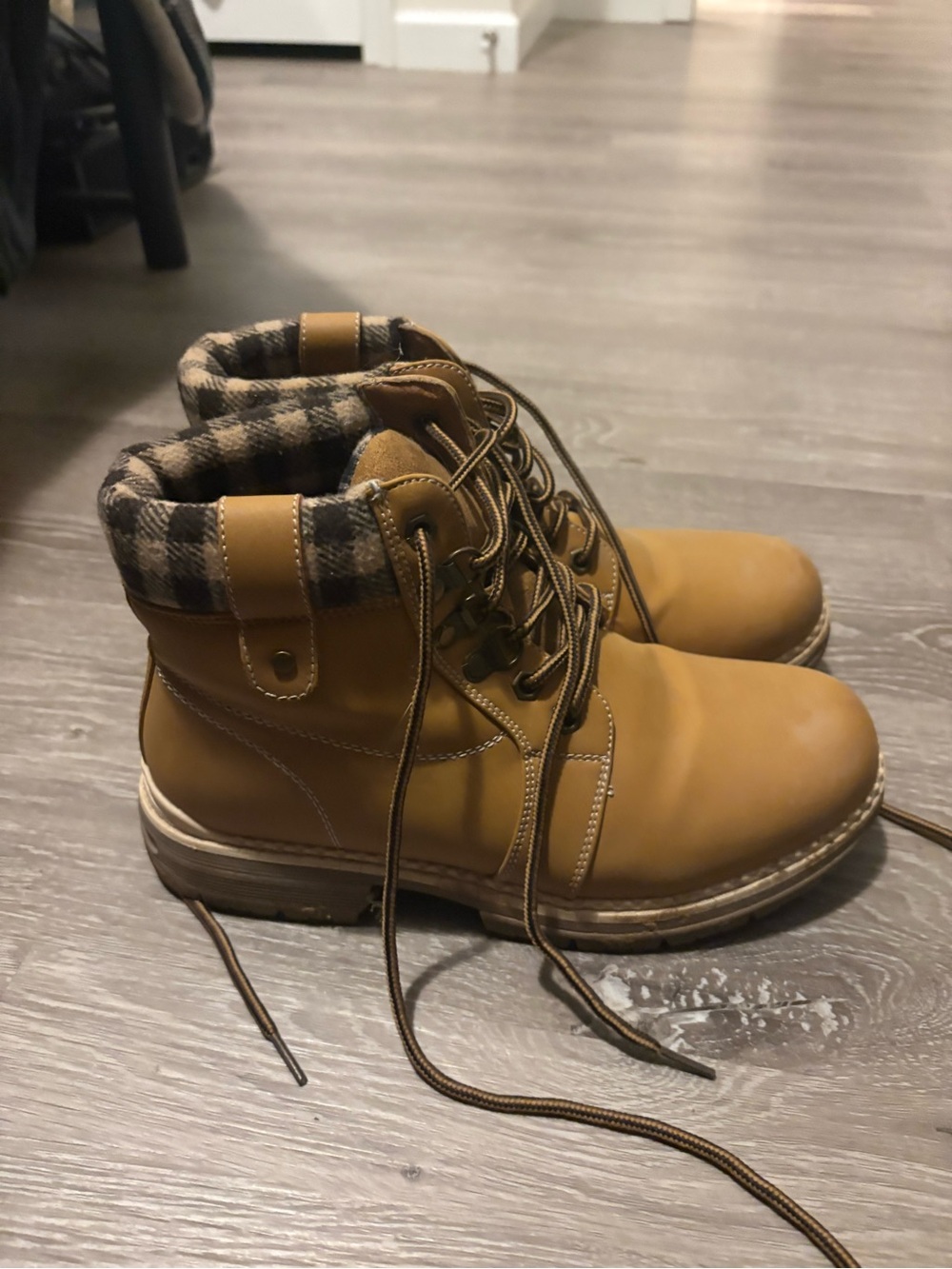 Womens Tan Lace-Up Boots with Plaid Collar